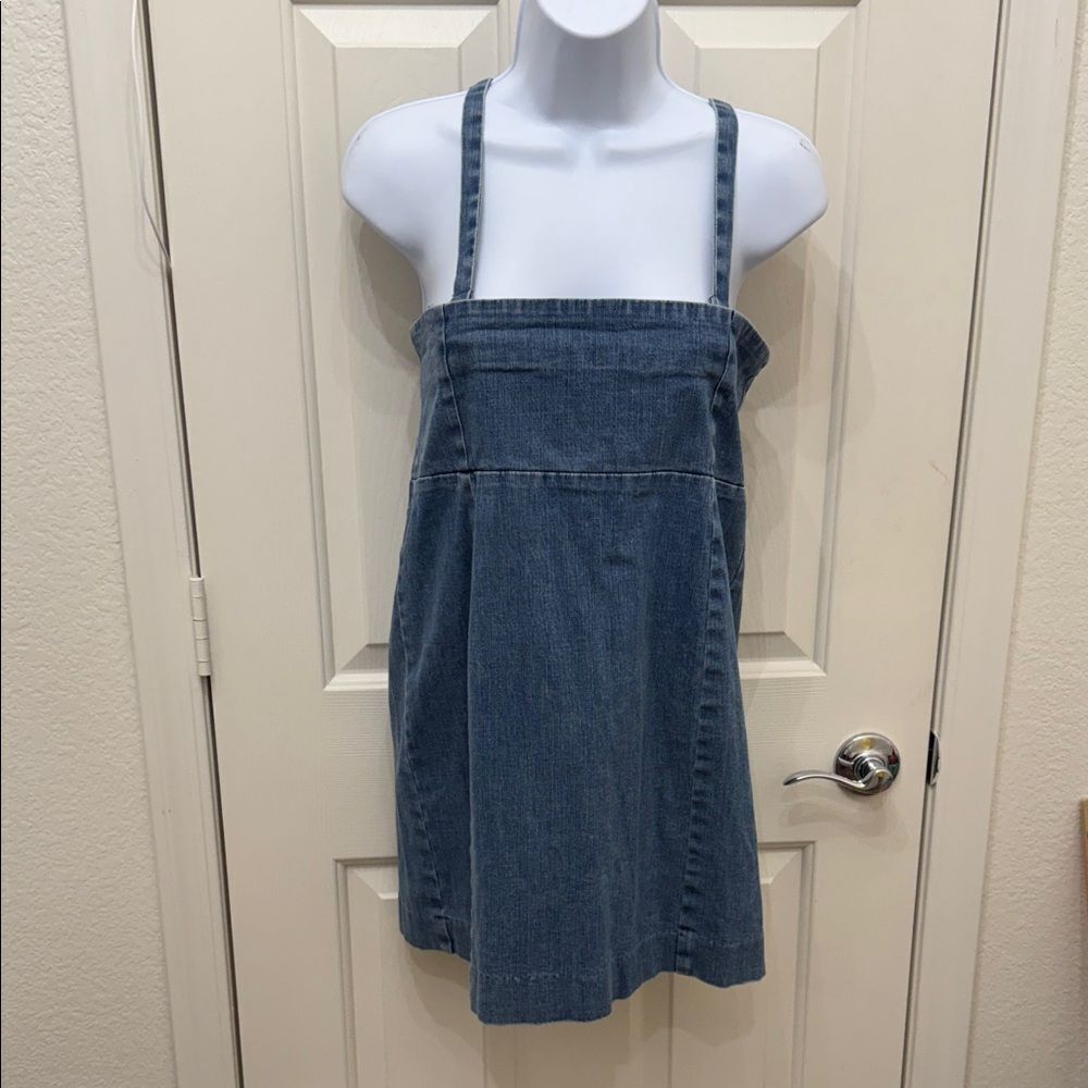 Lux Blue Denim Mini Dress Adjustable Straps Size 10 Square Neck Slit Back